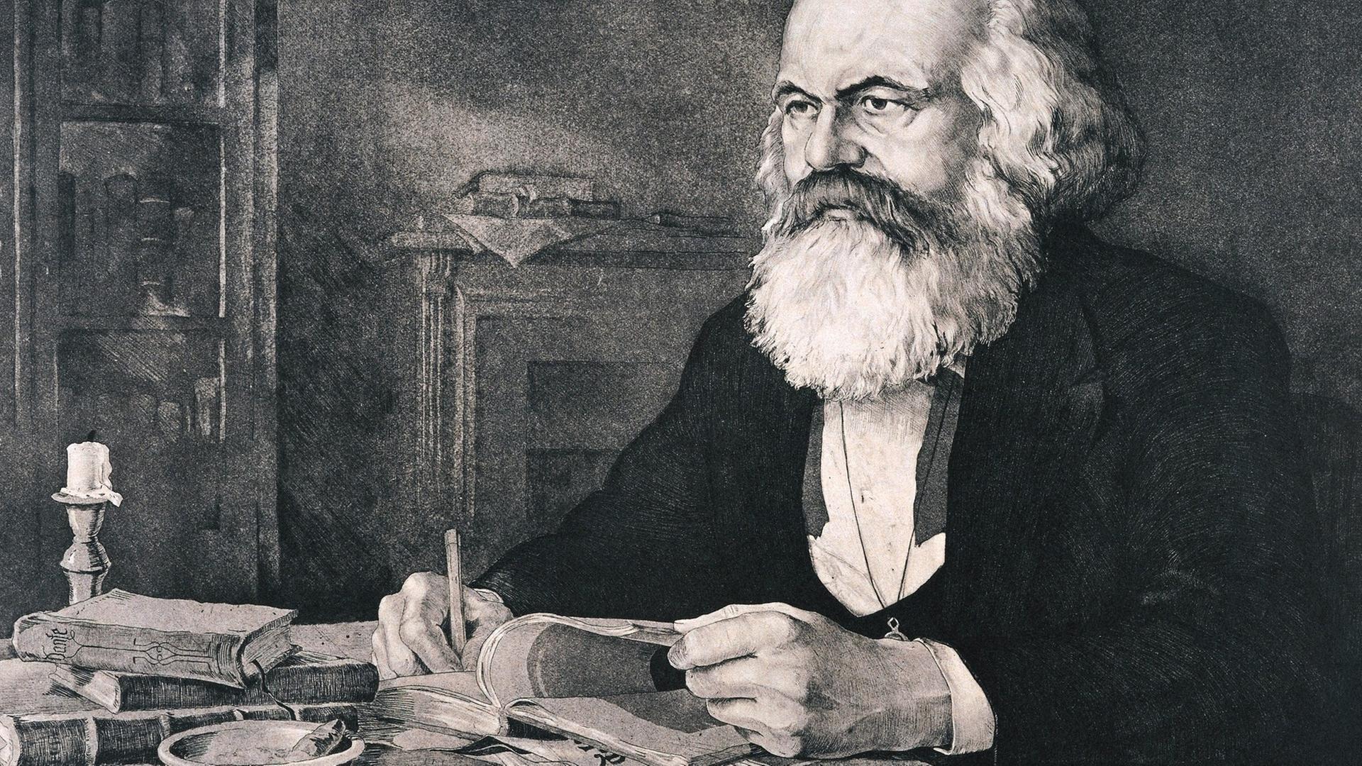 Der deutsche Philosoph, Schriftsteller und Politiker Karl Marx in einer Aquatinta-Radierung von Werner Ruhner "Karl Marx in seinem Arbeitszimmer in London". Marx verfasste 1848 zusammen mit Friedrich Engels das "Kommunistische Manifest". Er ist der Begründer des modernen dialektisch-materialistischen Sozialismus, des Marxismus, aus dem heraus sich die Sozialdemokratie und der Kommunismus entwickelt haben. Marx wurde am 5. Main 1818 in Trier geboren und starb am 14. März 1883 in London. Der deutsche Philosoph, Schriftsteller und Politiker Karl Marx in einer Aquatinta-Radierung von Werner Ruhner "Karl Marx in seinem Arbeitszimmer in London". Marx verfasste 1848 zusammen mit Friedrich Engels das "Kommunistische Manifest". Er ist der Begründer des modernen dialektisch-materialistischen Sozialismus, des Marxismus, aus dem heraus sich die Sozialdemokratie und der Kommunismus entwickelt haben. Marx wurde am 5. Main 1818 in Trier geboren und starb am 14. März 1883 in London.