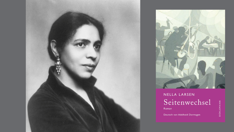 Ein Portrait der Autorin Nella Larsen und das Cover ihres Romans "Seitenwechsel" Ein Portrait der Autorin Nella Larsen und das Cover ihres Romans "Seitenwechsel"
