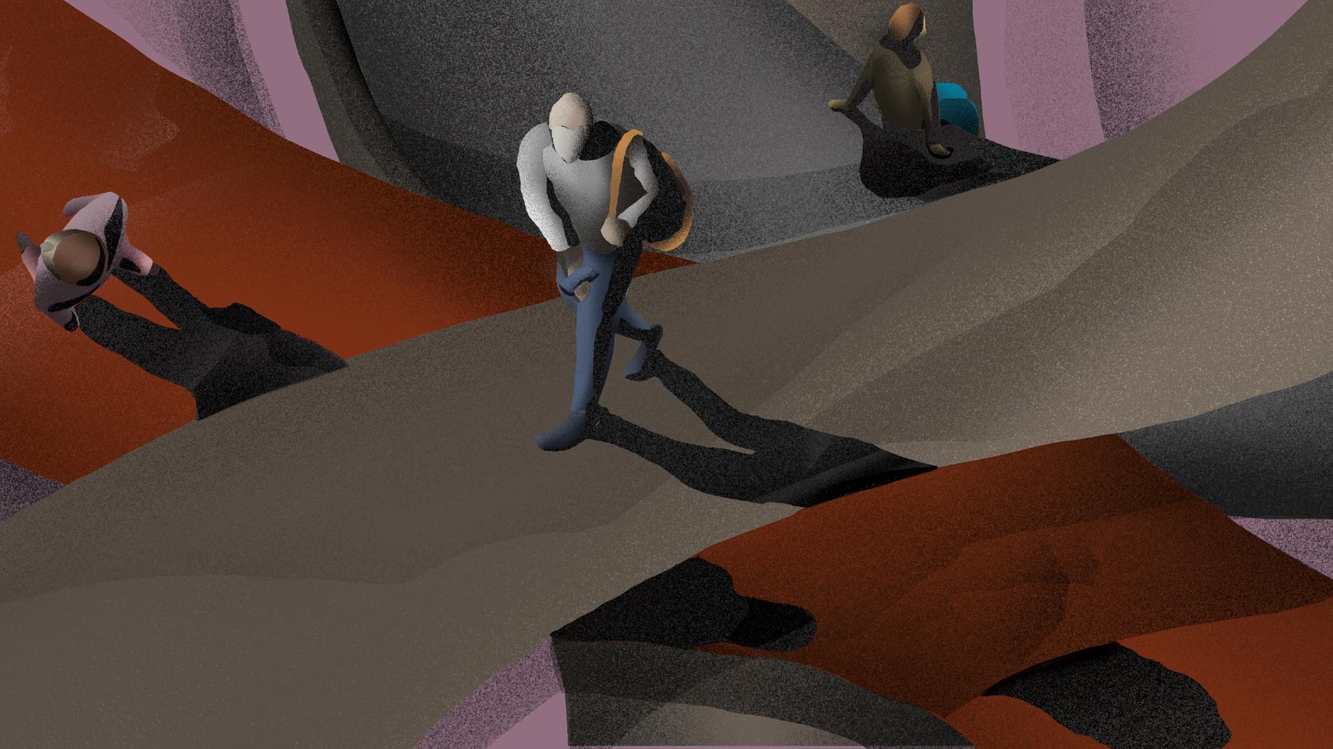 Die Illustration zeigt einen Mann mit Rucksack auf einem grauen, brückenähnlichen Weg. Unter ihm läuft eine Person auf einem orangen Weg, im Hintergrund sitzt eine Frau mit einer Tasche auf dem Schoß an einer Kante. Die Illustration zeigt einen Mann mit Rucksack auf einem grauen, brückenähnlichen Weg. Unter ihm läuft eine Person auf einem orangen Weg, im Hintergrund sitzt eine Frau mit einer Tasche auf dem Schoß an einer Kante.