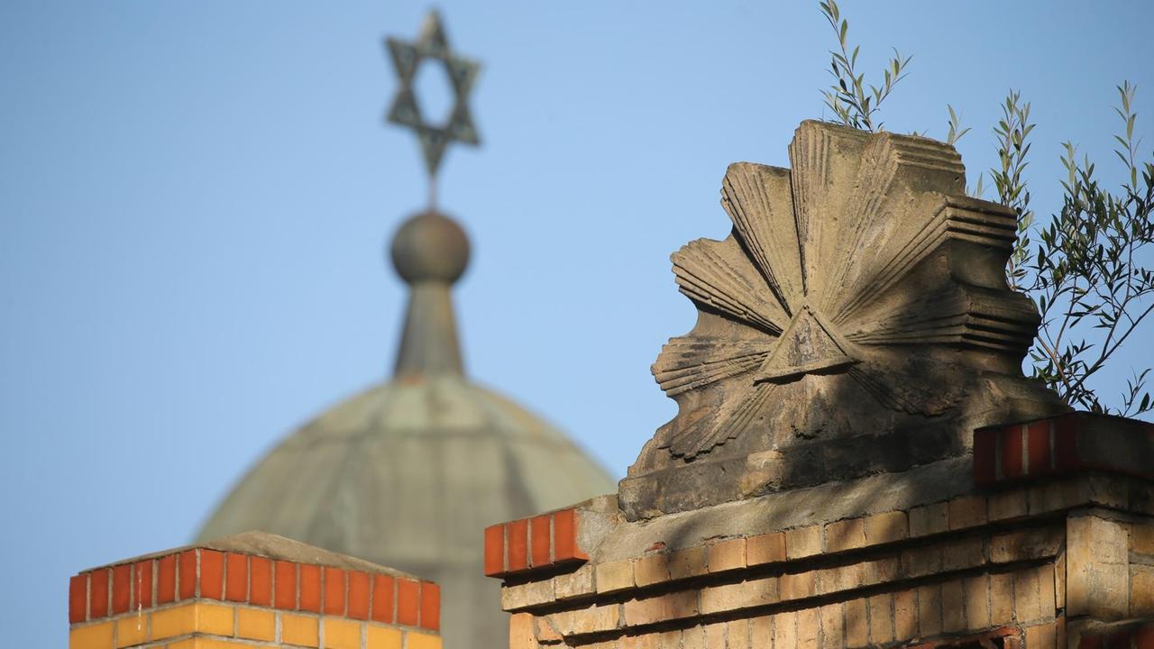 Das Bild zeigt die Synagoge in Halle mit der Kuppel und einem Davidstern auf der Spitze.