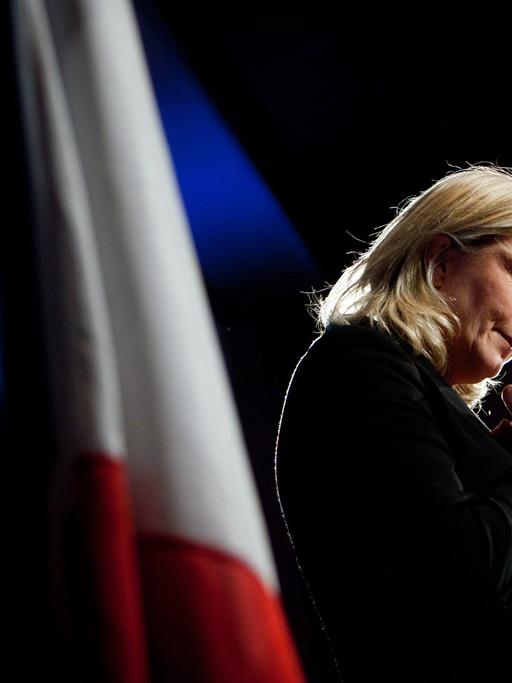 Marine Le Pen vom rechtsextremen Front National in nachdenklicher Pose, im Hintergrund die französische Flagge