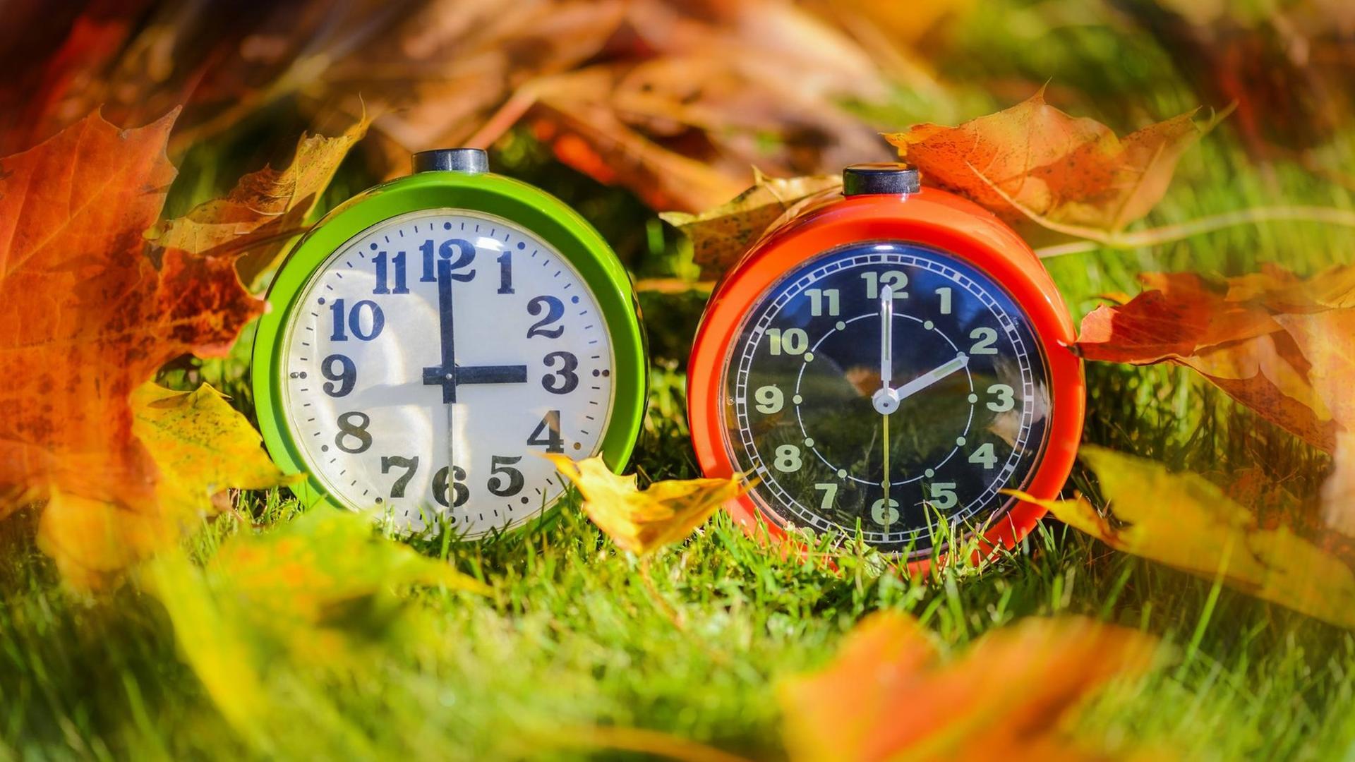Zwei Wecker mit Herbstlaub, Umstellung von Sommer- auf Winterzeit Zwei Wecker mit Herbstlaub, Umstellung von Sommer- auf Winterzeit