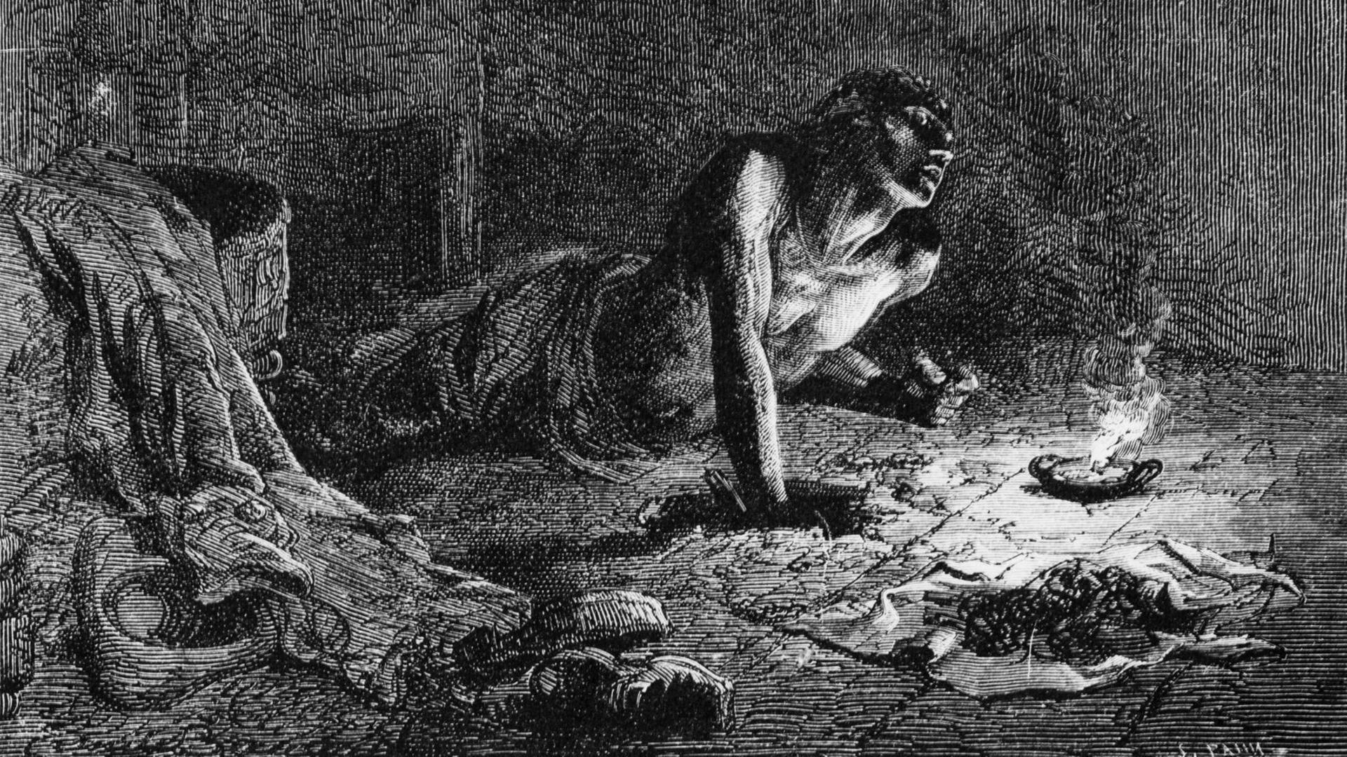 Ein Holzstich aus dem 19. Jahrhundert zeigt einen Mann auf dem Boden im Dunkel eines Verlieses kauernd