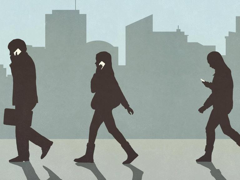Illustration: drei Menschen mit Handy laufen eine Strasse entlang, zwei telefonieren, einer guckt gerade auf sein Display.