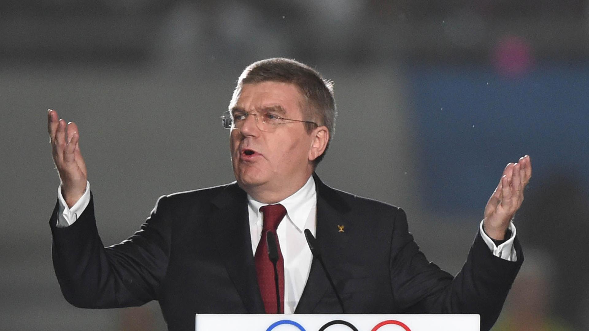 Thomas Bach während einer Rede zum Abschluss der Olympischen Jugend-Sommerspiele in Nanjing. Thomas Bach während einer Rede zum Abschluss der Olympischen Jugend-Sommerspiele in Nanjing.