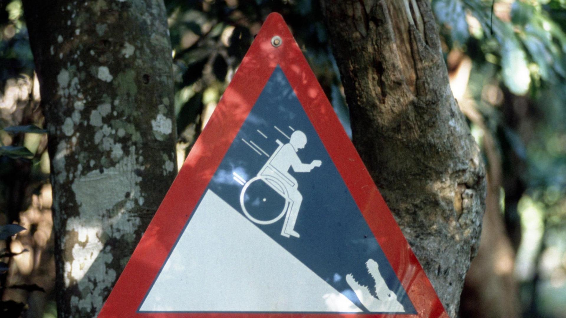 Ein dreieckiges Warnschild an einem Baum zeigt einen die Kontrolle verlierenden Rollstuhlfahrer an einem Steilhang, an dem am unteren Ende ein Krokodil mit aufgerissenen Maul zu sehen ist. Ein dreieckiges Warnschild an einem Baum zeigt einen die Kontrolle verlierenden Rollstuhlfahrer an einem Steilhang, an dem am unteren Ende ein Krokodil mit aufgerissenen Maul zu sehen ist.