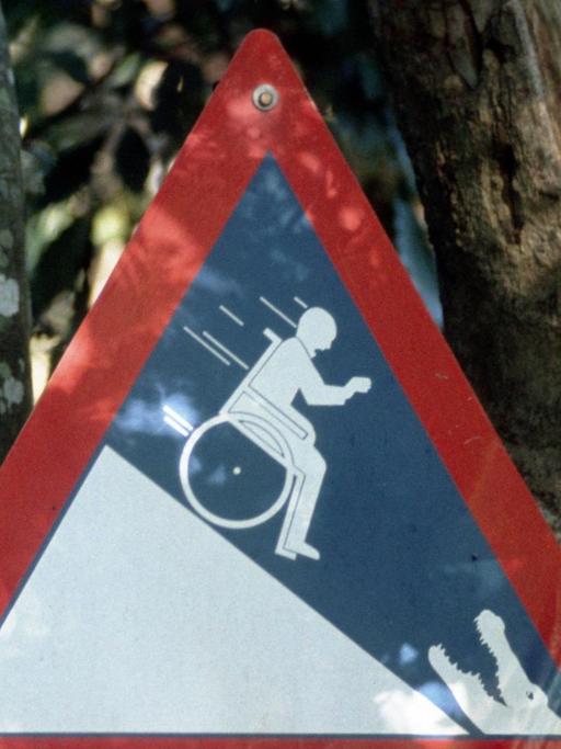 Ein dreieckiges Warnschild an einem Baum zeigt einen die Kontrolle verlierenden Rollstuhlfahrer an einem Steilhang, an dem am unteren Ende ein Krokodil mit aufgerissenen Maul zu sehen ist.