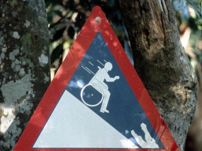 Ein dreieckiges Warnschild an einem Baum zeigt einen die Kontrolle verlierenden Rollstuhlfahrer an einem Steilhang, an dem am unteren Ende ein Krokodil mit aufgerissenen Maul zu sehen ist.
