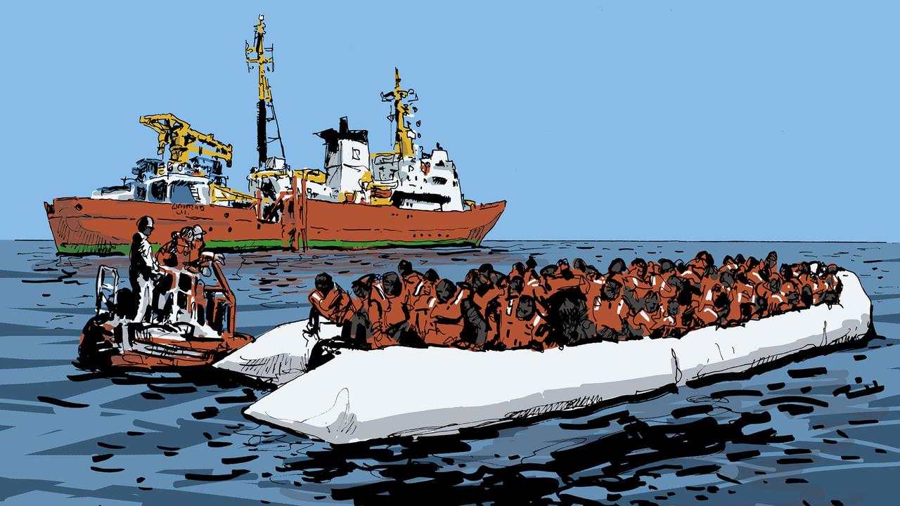 In der Graphic-Novel "Liebe deinen Nächsten" zeichnet Peter Eickmeyer die Ereignisse auf einem Seenotrettungsschiff. In der Graphic-Novel "Liebe deinen Nächsten" zeichnet Peter Eickmeyer die Ereignisse auf einem Seenotrettungsschiff.