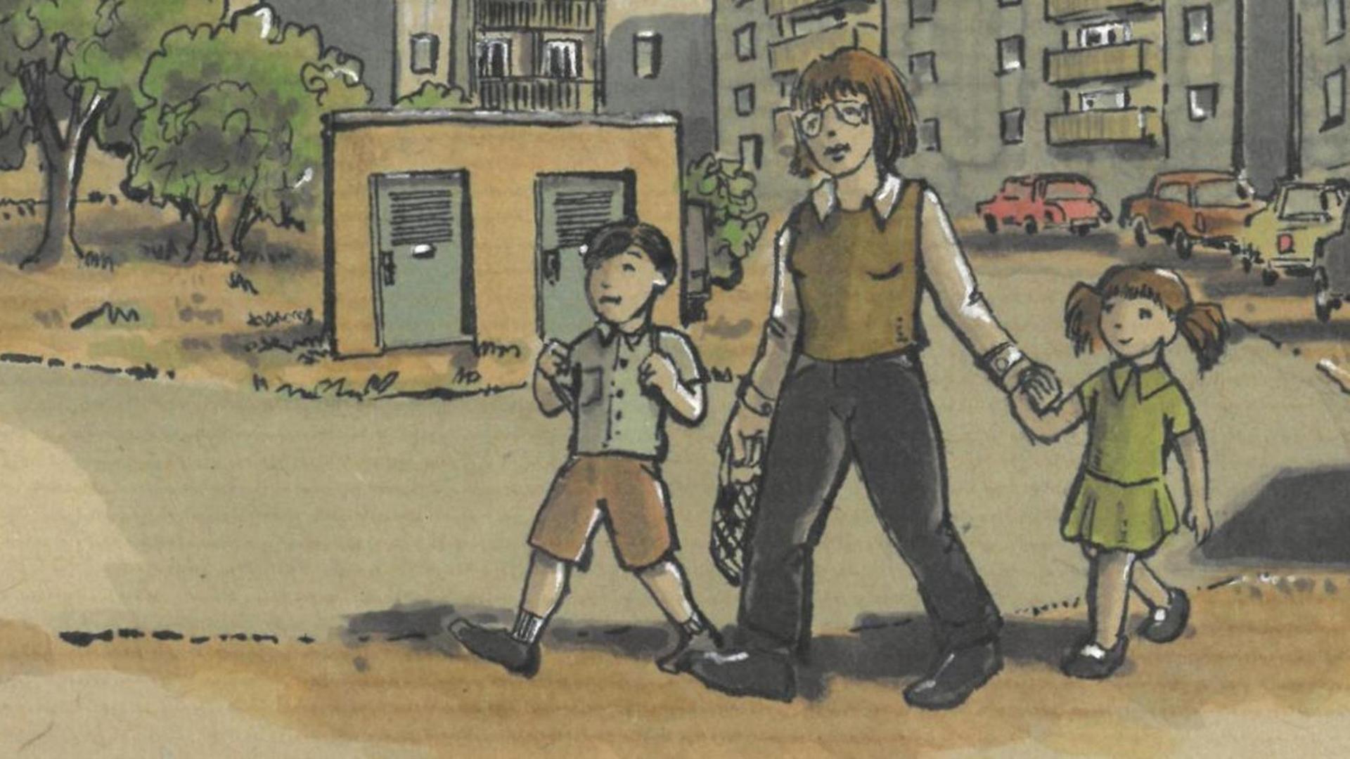 Eine Frau hält ihre beiden Kinder an den Händen und läuft durch eine Straße. Eine Frau hält ihre beiden Kinder an den Händen und läuft durch eine Straße.