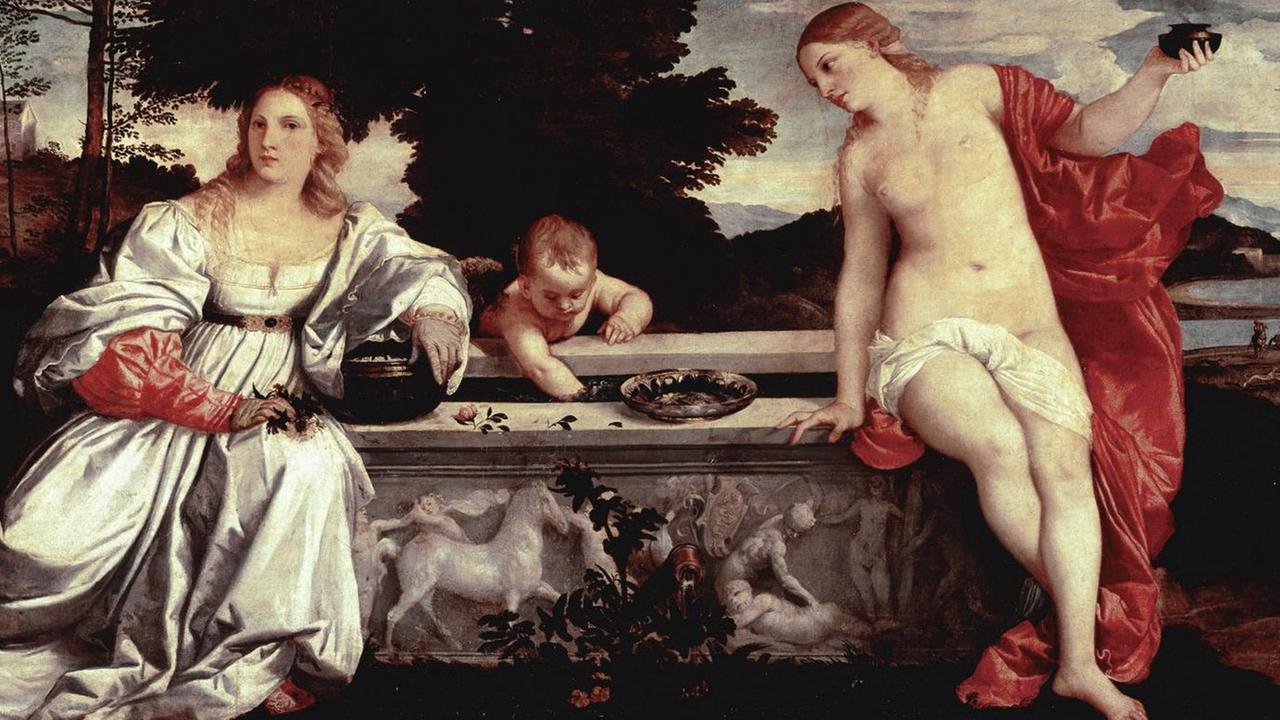 Heilige und profane Liebe - Gemälde von Tiziano Vecellio, genannt Tizian (ca. 1488-1576), Öl auf Leinwand, ca. 1515 (118x279 cm) - Galleria Borghese, Rom. Heilige und profane Liebe - Gemälde von Tiziano Vecellio, genannt Tizian (ca. 1488-1576), Öl auf Leinwand, ca. 1515 (118x279 cm) - Galleria Borghese, Rom.