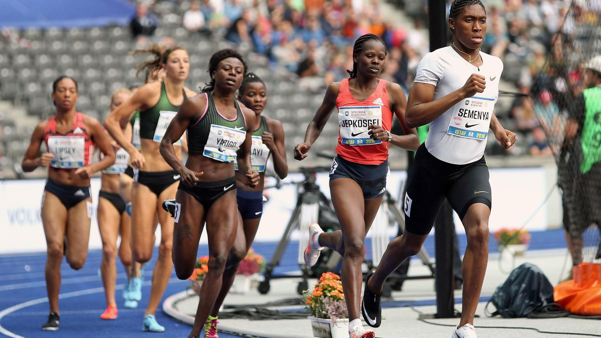 Die Caster Semenya führt beim 1000 Meter Lauf der Frauen beim ISTAF 2018 im Olympiastadion Berlin am 02.09.2018 das Feld der Läuferinnen an. Die Caster Semenya führt beim 1000 Meter Lauf der Frauen beim ISTAF 2018 im Olympiastadion Berlin am 02.09.2018 das Feld der Läuferinnen an.