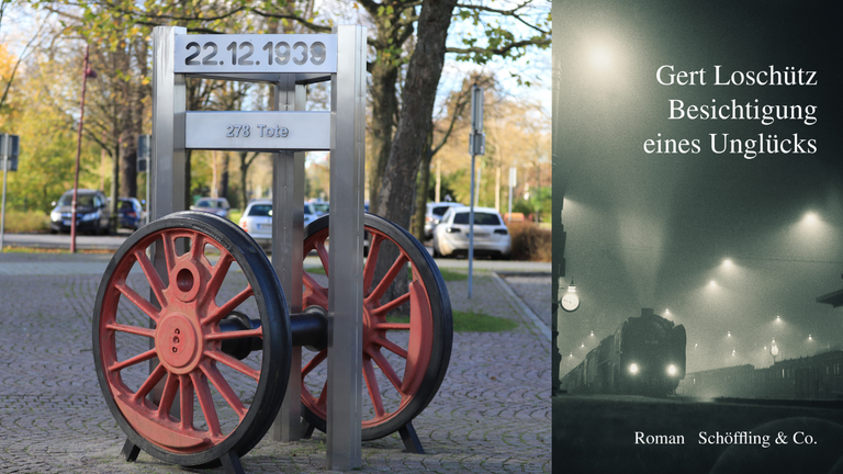 Das Buchcover Gert Loschütz: "Besichtigung eines Unglücks" vor dem Denkmal des Unglücks in Genthin Das Buchcover Gert Loschütz: "Besichtigung eines Unglücks" vor dem Denkmal des Unglücks in Genthin