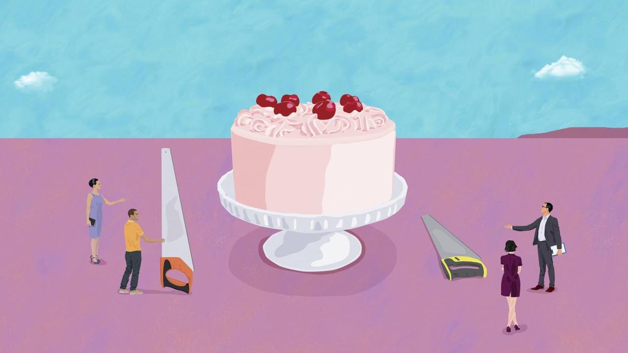 Illustration: Zwei Gruppen bzw. vier Personen streiten darüber, wie man einen großen Kuchen aufteilt. Illustration: Zwei Gruppen bzw. vier Personen streiten darüber, wie man einen großen Kuchen aufteilt.