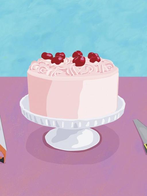 Illustration: Zwei Gruppen bzw. vier Personen streiten darüber, wie man einen großen Kuchen aufteilt.