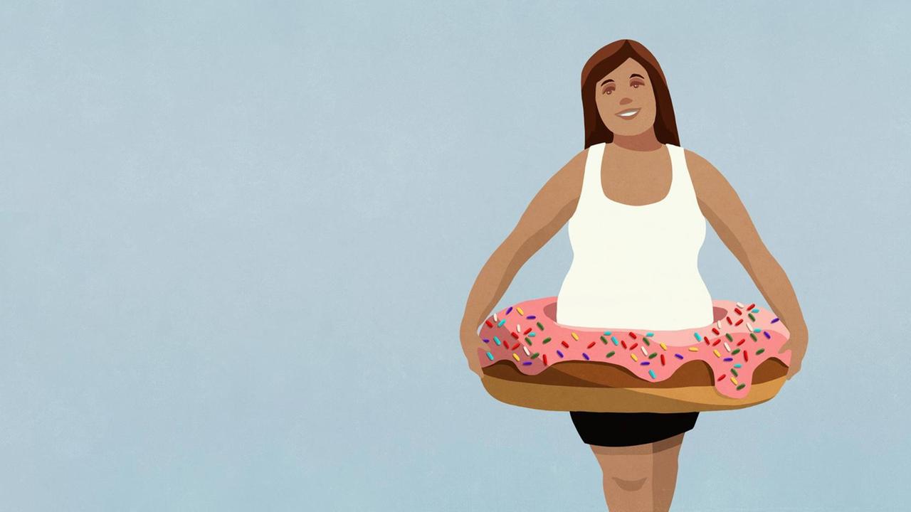 Illustration einer fülligen Frau mit einem aufblasbarem Donut-Ring um die Hüfte. Illustration einer fülligen Frau mit einem aufblasbarem Donut-Ring um die Hüfte.