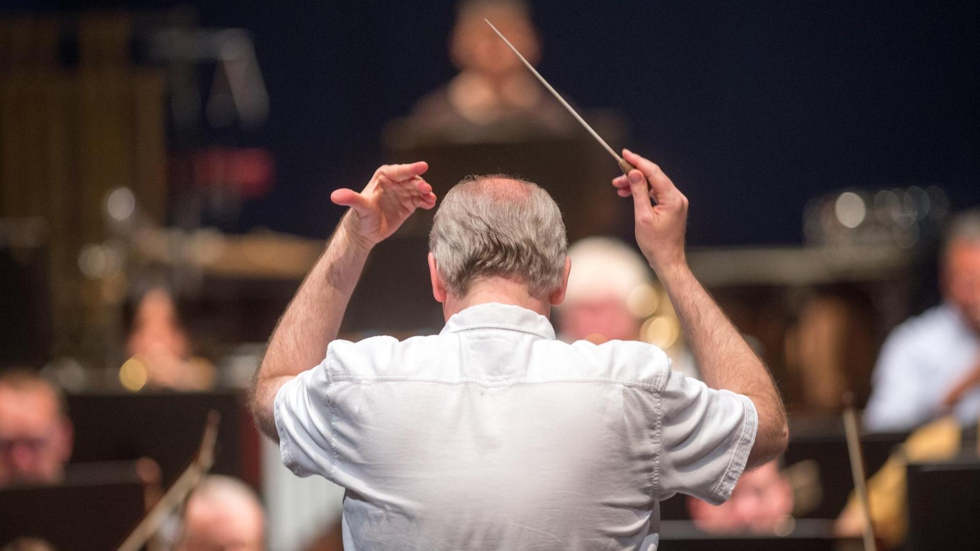Ein Dirrigent in Rückenansicht vor dem Orchester. Ein Dirrigent in Rückenansicht vor dem Orchester.