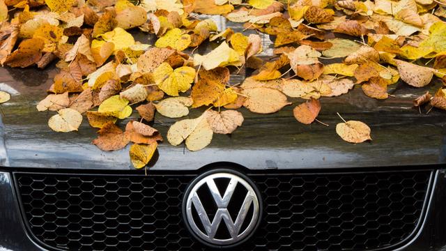 Ein mit Laub bedecktes Auto vom Hersteller Volkswagen (VW) Typ Polo parkt in Hamburg.
