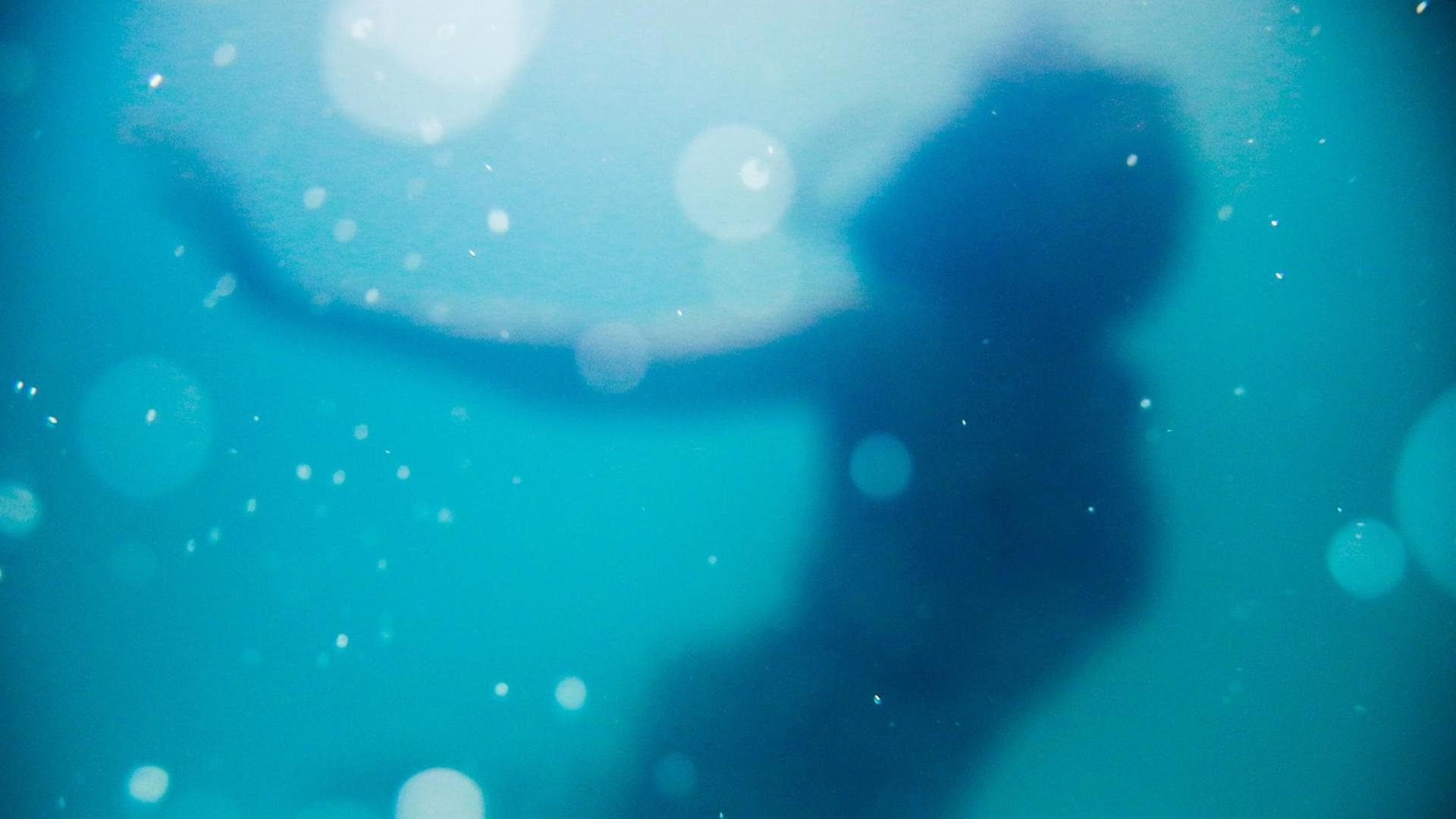 Junge Frau unter Wasser mit Wasserblasen.