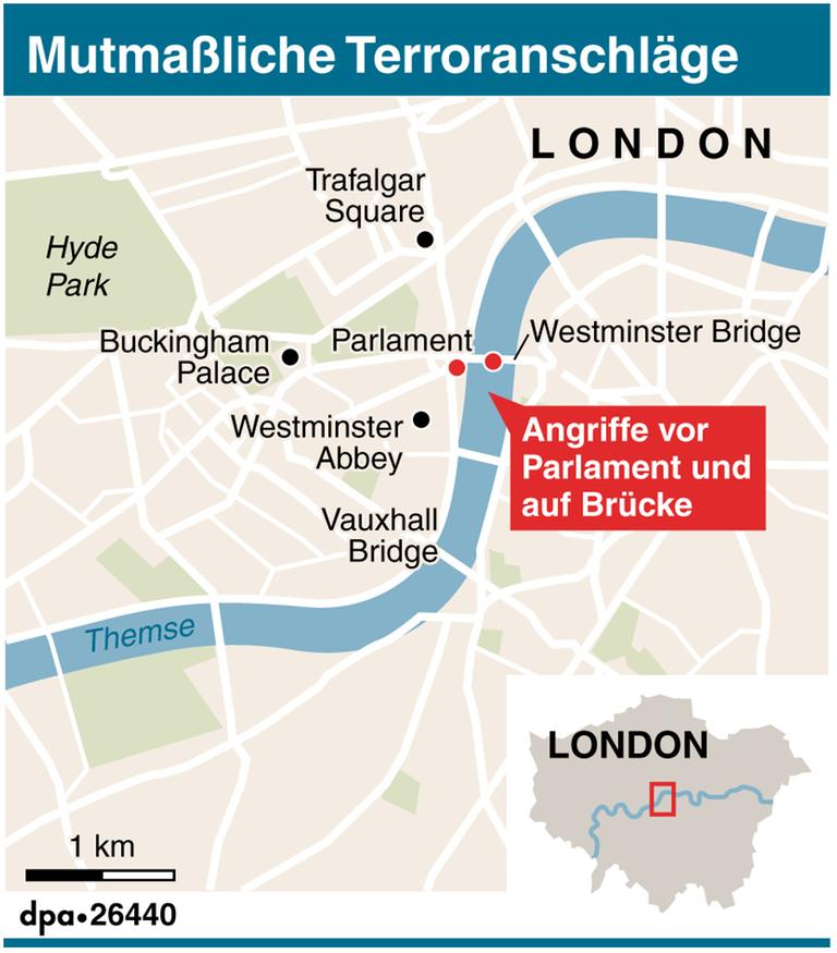 Karte zum mutmaßlichen Terroranschlag vor dem Parlament in London. Karte zum mutmaßlichen Terroranschlag vor dem Parlament in London.