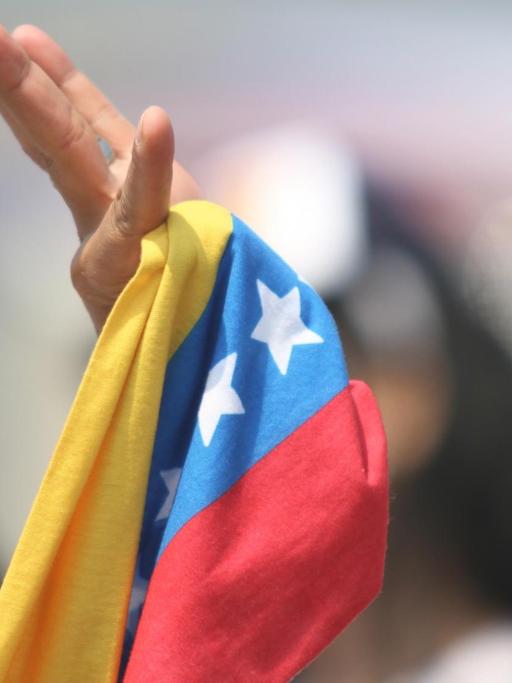 Jemand schwenkt eine venezolanische Fahne. Zu sehen sind nur die Hand und die Fahne.