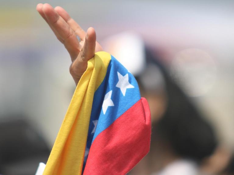Jemand schwenkt eine venezolanische Fahne. Zu sehen sind nur die Hand und die Fahne.