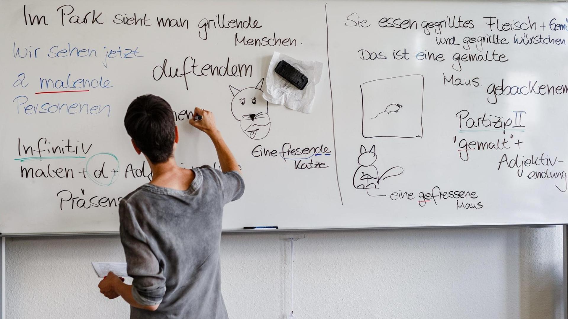 02.07.2018, Hamburg: Eine Lehrerin schreibt in einem Deutschkurs für Ausländer an der Tafel.
