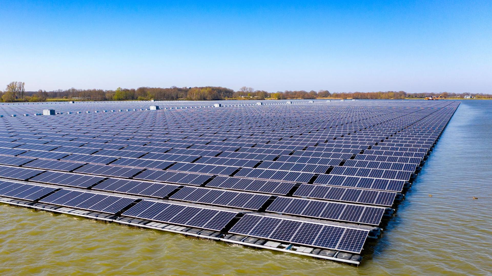 Auf einem See schwimmen großflächig Solarpaneele.