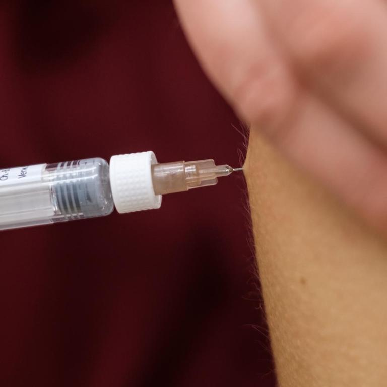 Eine Arzthelferin impft in einer Arztpraxis eine Patentin mit einer Spritze mit dem Impfstoff Rabipur zum Schutz vor Tollwut.