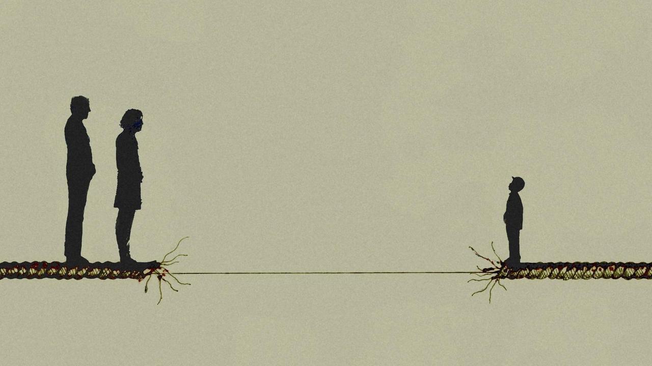 Illustration:Eltern getrennt von ihrem Sohn durch ausgefranstes Seil, dass gleich reißen könnte. Illustration:Eltern getrennt von ihrem Sohn durch ausgefranstes Seil, dass gleich reißen könnte.