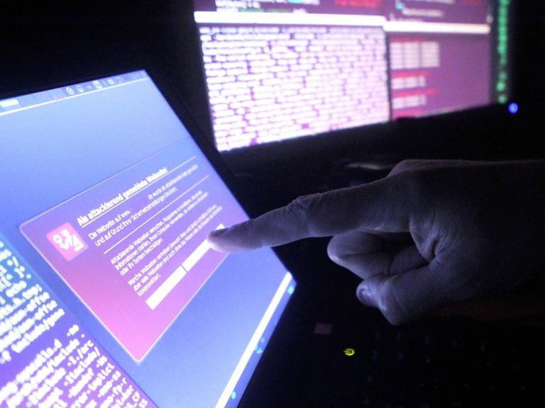 Symbolfoto zum Thema Internetkriminalität: eine Hand vor einem Computer-Monitor