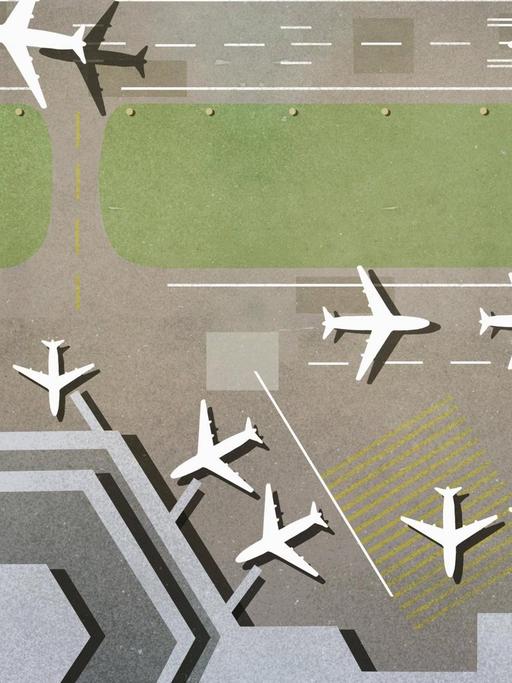 Illustration eines Flughafens von oben mit Landebahn und Flugzeugen. (Mit Denkfabrik-Stempel)