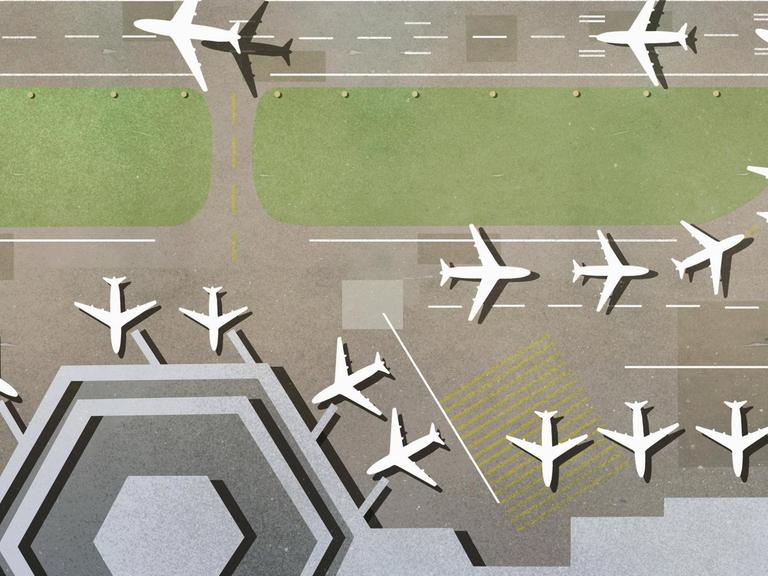 Illustration eines Flughafens von oben mit Landebahn und Flugzeugen. (Mit Denkfabrik-Stempel)