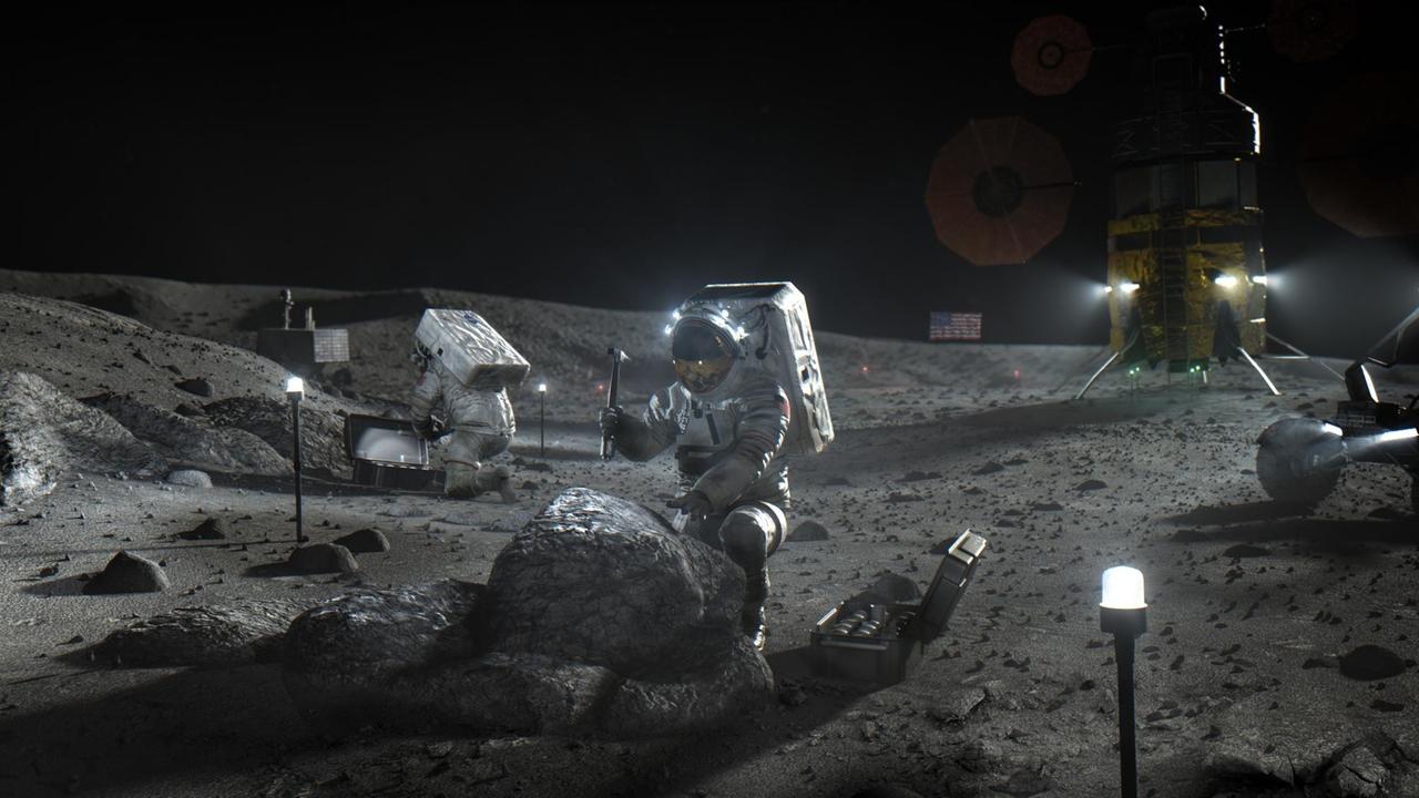 Diese von der NASA im April 2020 zur Verfügung gestellte Illustration zeigt die Artemis-Astronauten auf dem Mond. Am Donnerstag, den 30. April 2020, gab die NASA die drei Unternehmen bekannt, die Mondlandegeräte entwickeln, bauen und fliegen werden, mit dem Ziel, bis 2024 Astronauten auf den Mond zurückzubringen. Bei den Unternehmen handelt es sich um SpaceX, das von Elon Musk geleitet wird, Blue Origin, das von Jeff Bezos von Amazon gegründet wurde, und Dynetics, eine Tochtergesellschaft von Leidos in Huntsville, Ala.
___
Eine Illustration zeigt zwei Astronautinnen mit Wekzeugkoffern auf dem Mond. Im Hintergrund ist eine USA-Flagge zu sehen. Diese von der NASA im April 2020 zur Verfügung gestellte Illustration zeigt die Artemis-Astronauten auf dem Mond. Am Donnerstag, den 30. April 2020, gab die NASA die drei Unternehmen bekannt, die Mondlandegeräte entwickeln, bauen und fliegen werden, mit dem Ziel, bis 2024 Astronauten auf den Mond zurückzubringen. Bei den Unternehmen handelt es sich um SpaceX, das von Elon Musk geleitet wird, Blue Origin, das von Jeff Bezos von Amazon gegründet wurde, und Dynetics, eine Tochtergesellschaft von Leidos in Huntsville, Ala.
___
Eine Illustration zeigt zwei Astronautinnen mit Wekzeugkoffern auf dem Mond. Im Hintergrund ist eine USA-Flagge zu sehen.