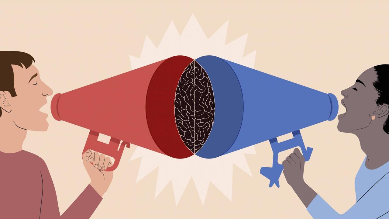 Eine Illustration zeigt eine Mann und eine Frau, die über Megafone lautstark Ihre Meinungen austauschen. Die Mitte bildet eine stilisierte Gehirnmasse.