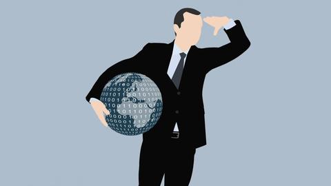 Illustration eines Geschäftmanns, der die Weltkugel unter dem Arm hält. Auf der Welt ist die eins und null in unendlicher Abfolge zu sehen.
