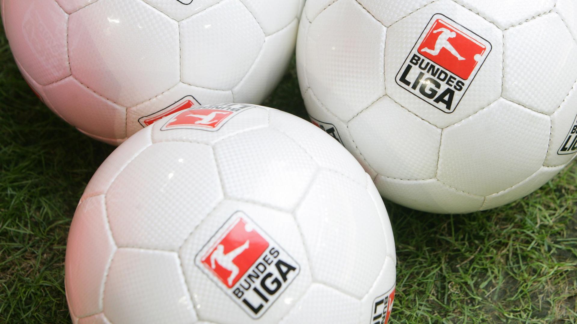 Fußbälle mit dem DFL-Logo (Deutsche Fußball Liga ) liegen auf dem Rasen. Fußbälle mit dem DFL-Logo (Deutsche Fußball Liga ) liegen auf dem Rasen.