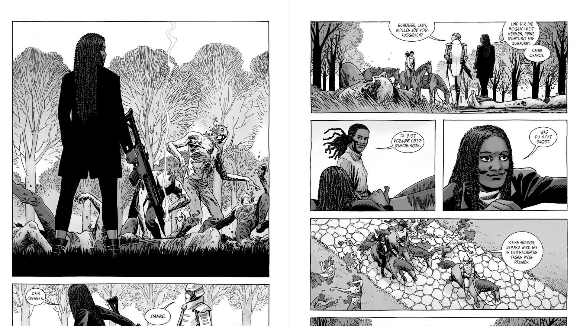 Eine Doppelseite aus dem Comic "The Walking Dead" in schwarz-weiß Eine Doppelseite aus dem Comic "The Walking Dead" in schwarz-weiß