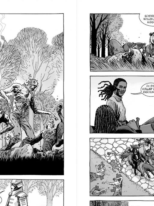 Eine Doppelseite aus dem Comic "The Walking Dead" in schwarz-weiß