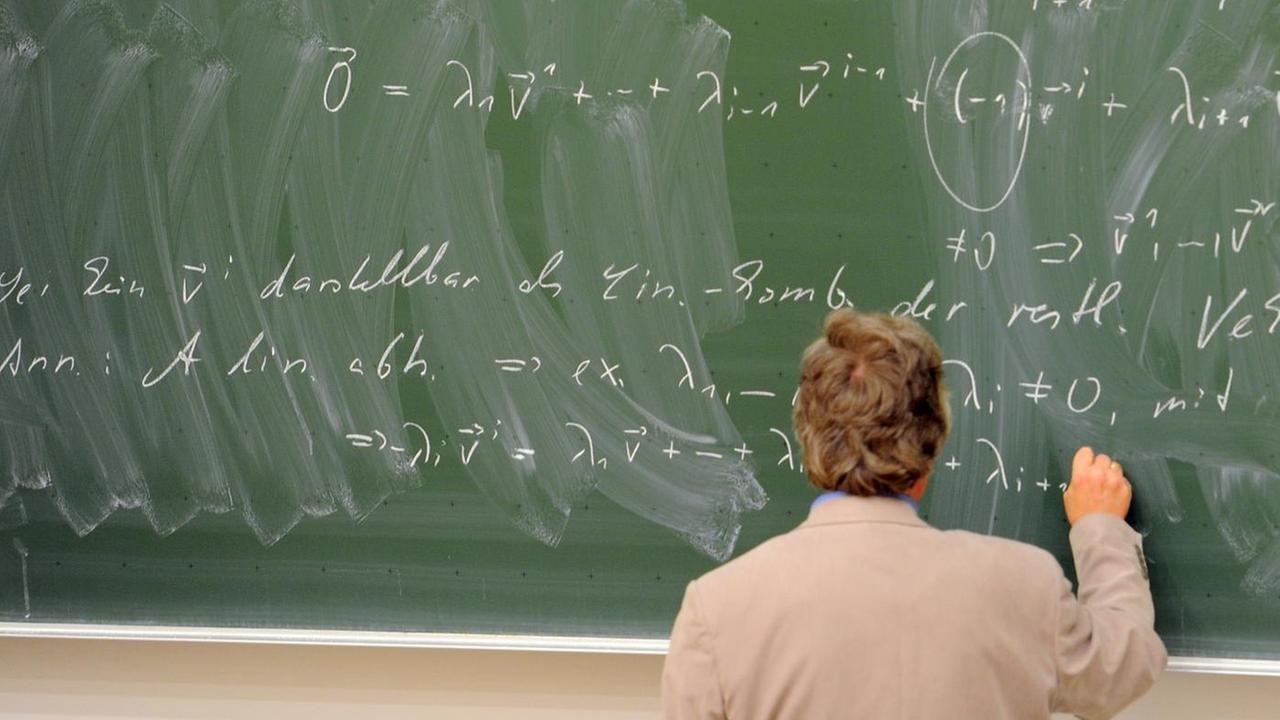 Formeln stehen auf einer schlecht gewischten Tafel am 29.10.2012 in Berlin in einer Vorlesung "Mathematik für Chemiker" im Walter-Nernst-Haus auf dem Campus Adlershof der Humboldt-Universität. 