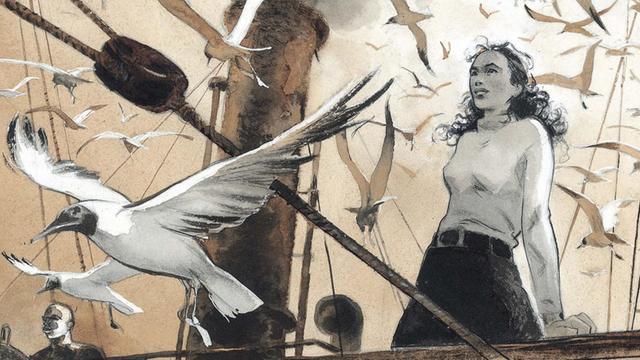 Auf dem Bild ist ein Ausschnitt aus dem Comic "Die Fahrten des Odysseus" von Emmanuel Lepage zu sehen. Kapitänin Ziegler blickt sehnsüchtig aufs Meer. Möwen fliegen um sie herum.