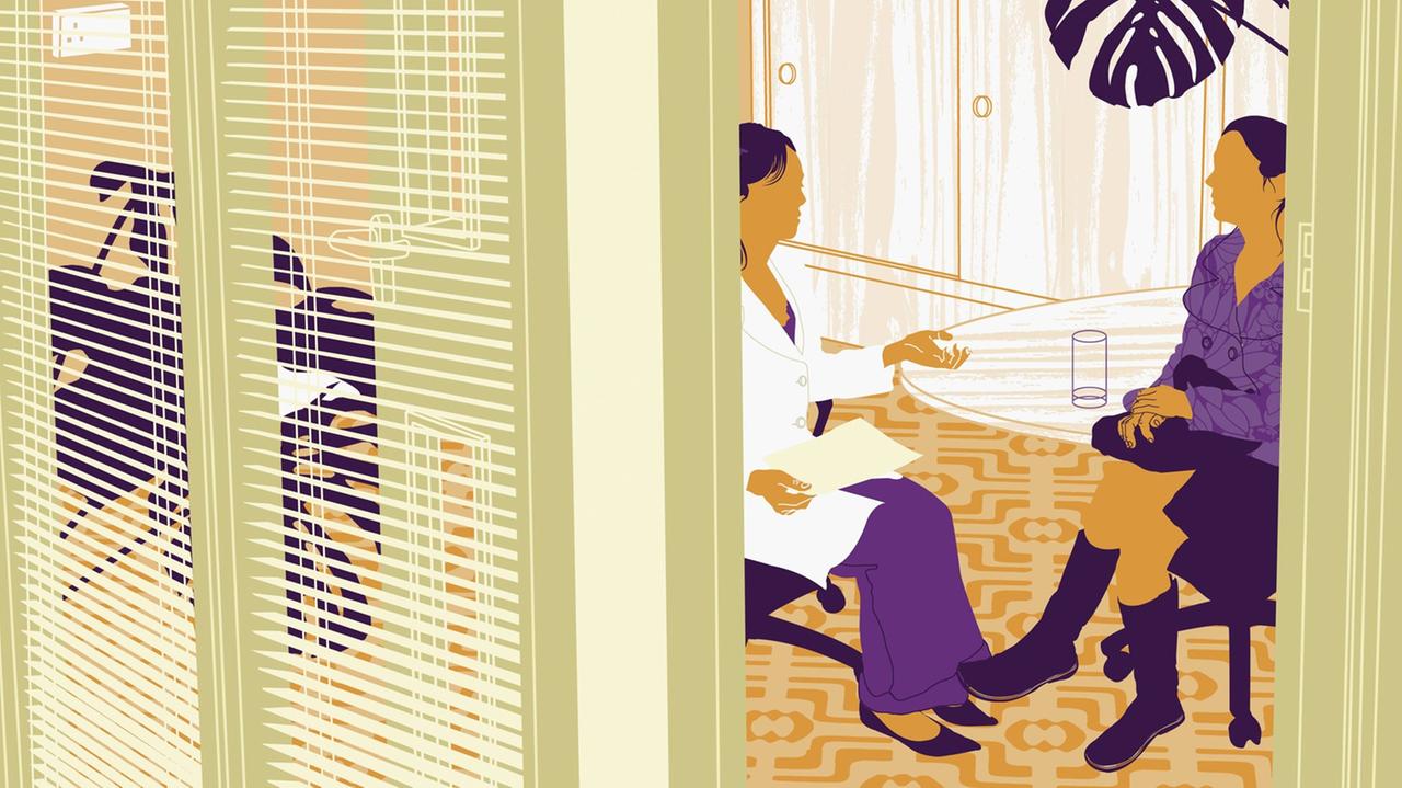 Eine Illustration zeigt eine Ärztin, die sich in iherer Praxis mit einer Patientin unterhält.
