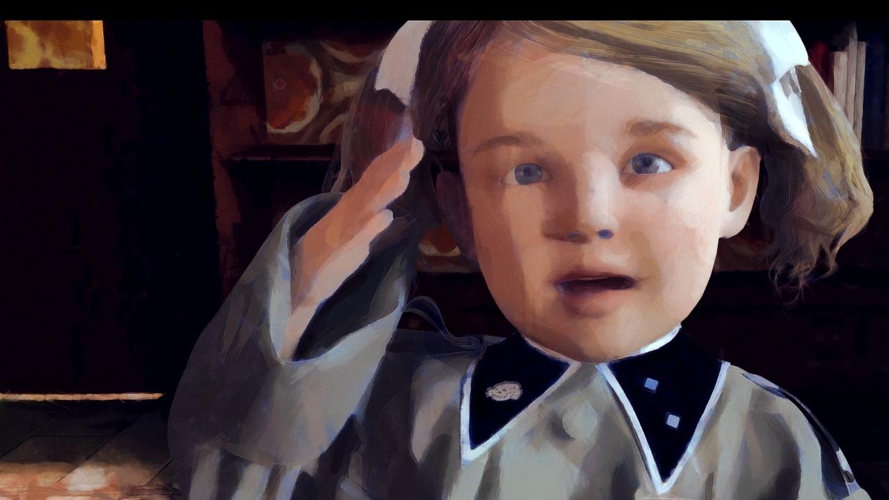 Ein Standbild aus dem Film "Kleine Germanen": Die Comic-Figur des Mädchen Elsa salutiert. Sie hat dabei eine SS-Uniform an. Ein Standbild aus dem Film "Kleine Germanen": Die Comic-Figur des Mädchen Elsa salutiert. Sie hat dabei eine SS-Uniform an.
