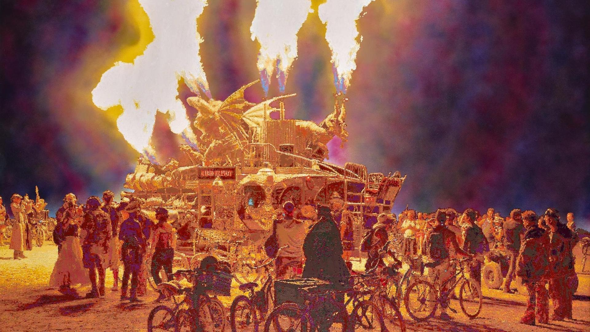 Um eine riesige fahrbare Skulptur mit Tierfiguren, die Feuer in den Nachthimmel speien, stehen Besucher des Burning Man Festival in der Wüste Nevadas . Um eine riesige fahrbare Skulptur mit Tierfiguren, die Feuer in den Nachthimmel speien, stehen Besucher des Burning Man Festival in der Wüste Nevadas .