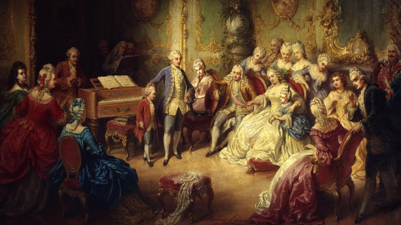 Gemälde vom kleinen Mozart vorm Klavier, umringt von einer Gesellschaft. Gemälde vom kleinen Mozart vorm Klavier, umringt von einer Gesellschaft.