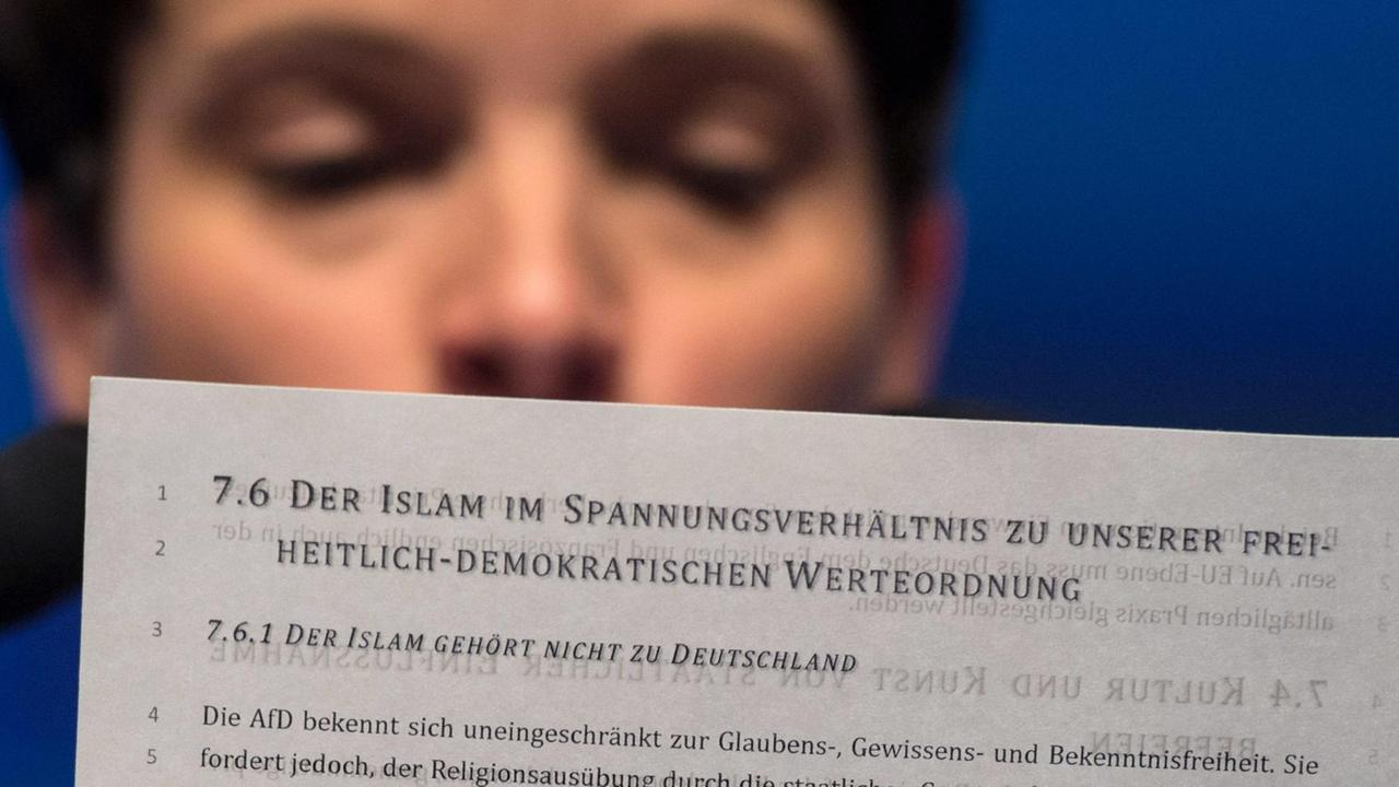 AfD-Chefin Frauke Petry mit dem Programm der Partei und der Überschrift "Der Islam gehört nicht zu Deutschland"