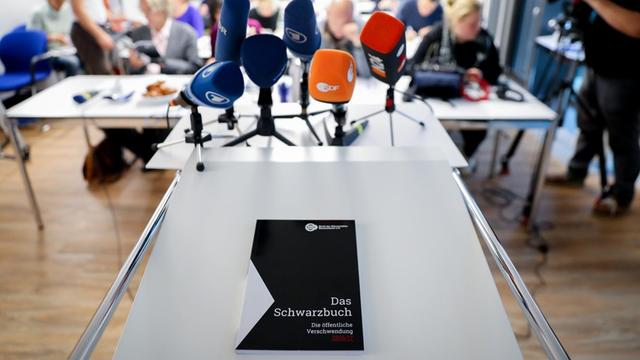 Das Schwarzbuch 2016/17, herausgegeben vom Bund der Steuerzahler Deutschland (BdSt), liegt am 06.10.2016 in Berlin zu Beginn der Pressekonferenz auf dem Rednerpult.