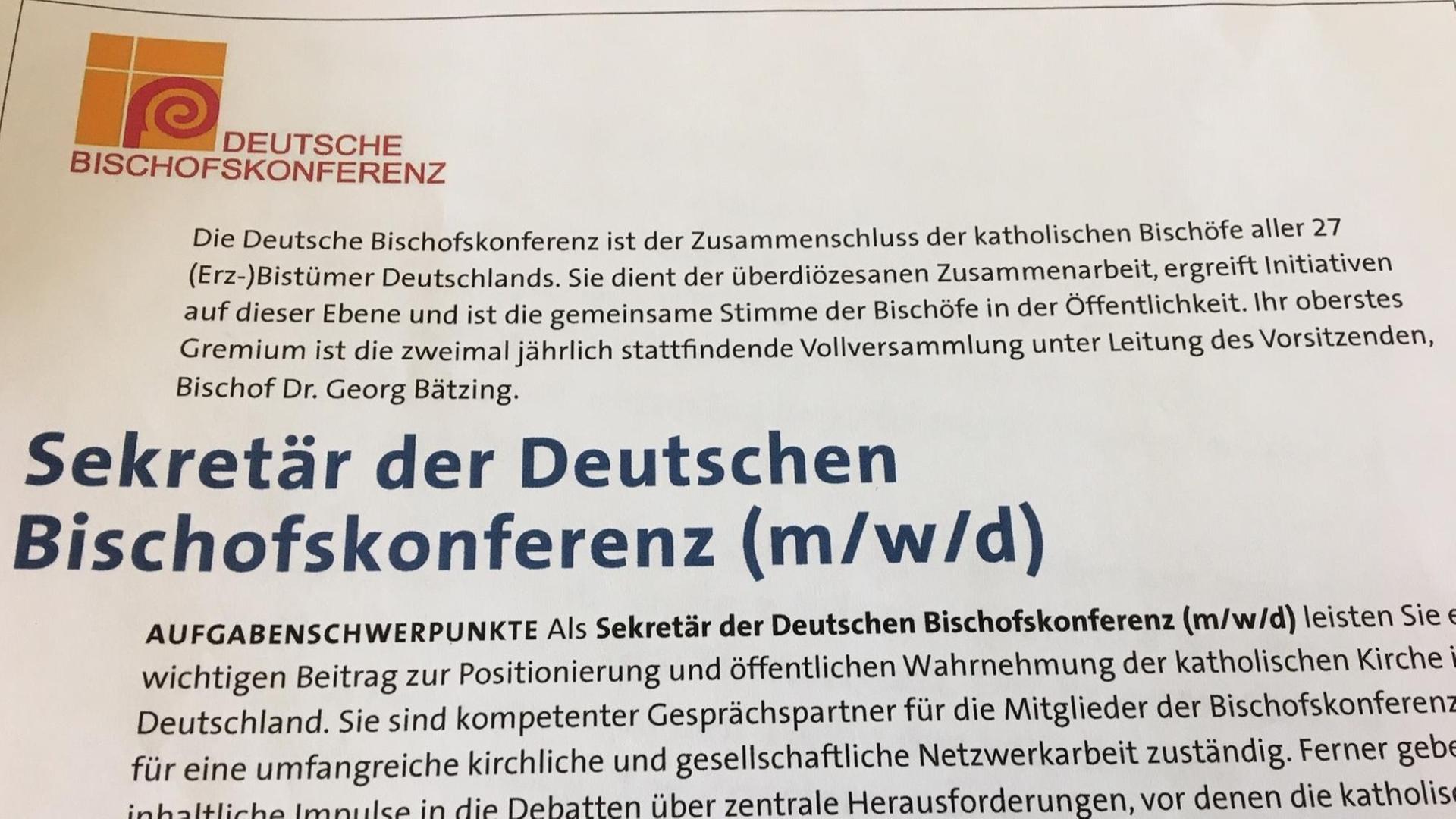 Die Deutschen Bischofskonferenz hat die Stelle eines Sekretärs m/w/d ausgeschrieben. Dabei handelt sich sich um eine Führungsposition. Die Deutschen Bischofskonferenz hat die Stelle eines Sekretärs m/w/d ausgeschrieben. Dabei handelt sich sich um eine Führungsposition.