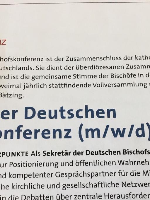 Die Deutschen Bischofskonferenz hat die Stelle eines Sekretärs m/w/d ausgeschrieben. Dabei handelt sich sich um eine Führungsposition.