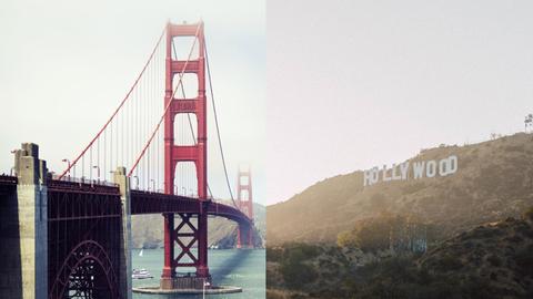 Auf der linken Seite die Golden Gate Bridge, rechts der Hollywood Schriftzug.